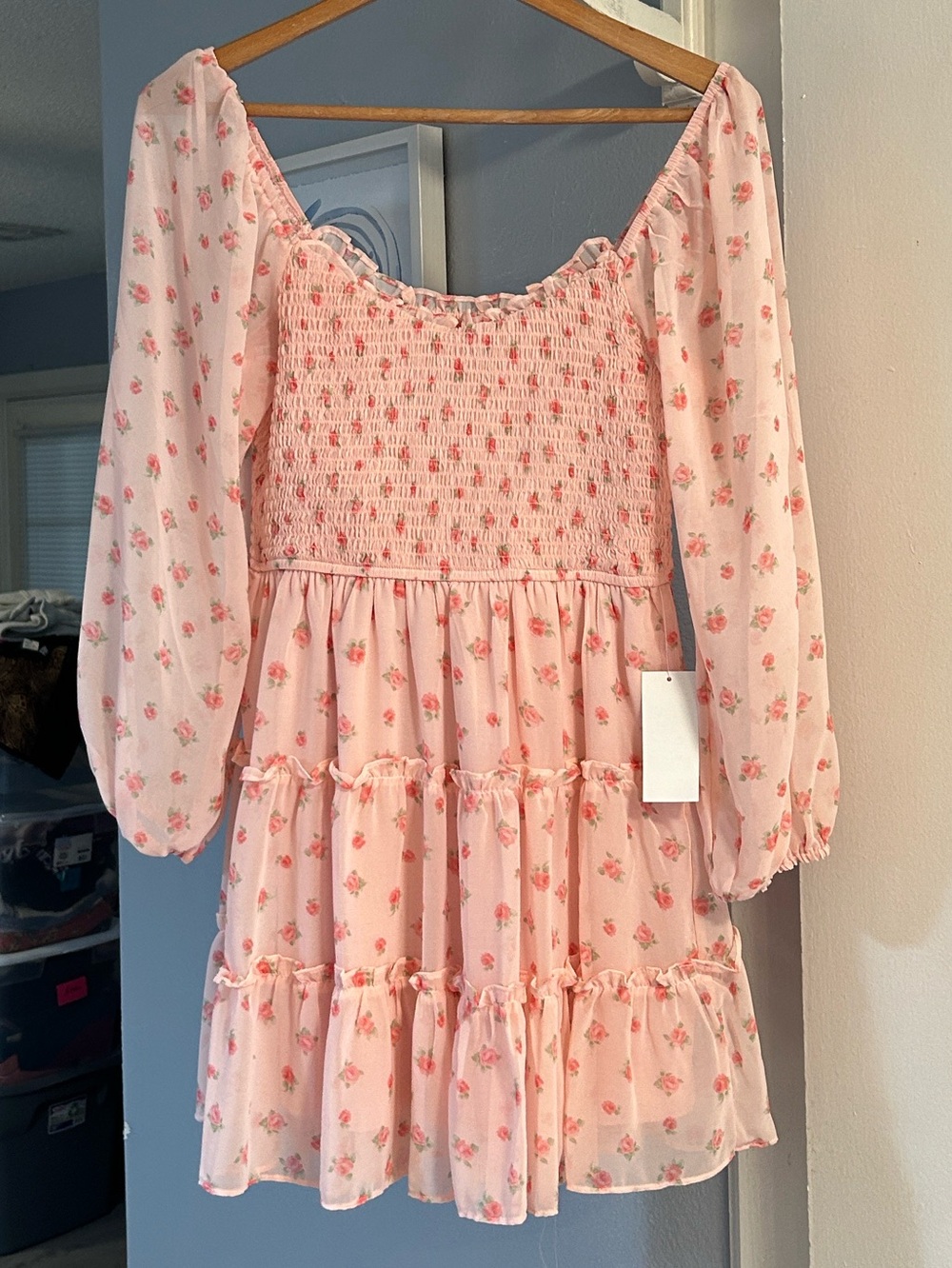 B Darlin Womens Pink Floral Smocked Tiered Mini Floral Dress Junior Size 5/6 NWT